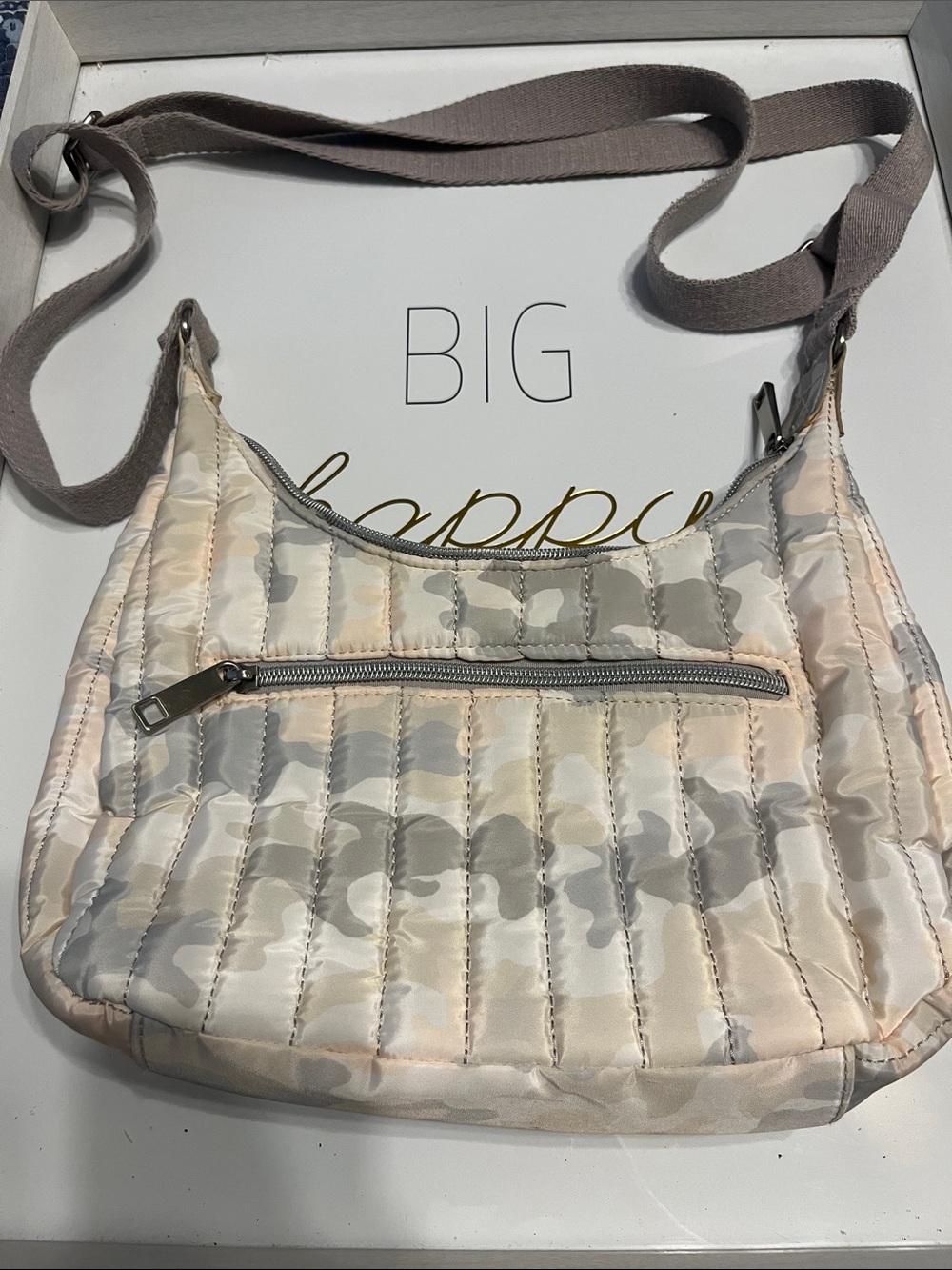 Quilted Camouflage Crossbody Bag in Light Gray and Cream